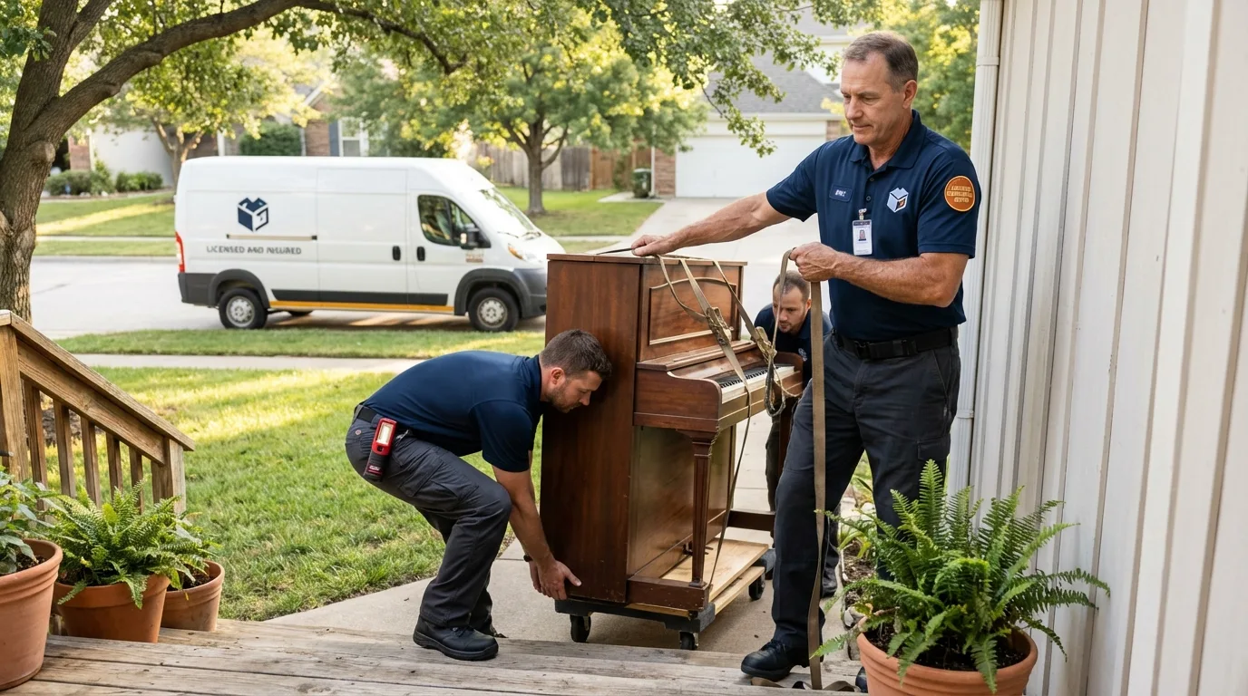 Licensed piano movers securing grand piano in Veneta, OR