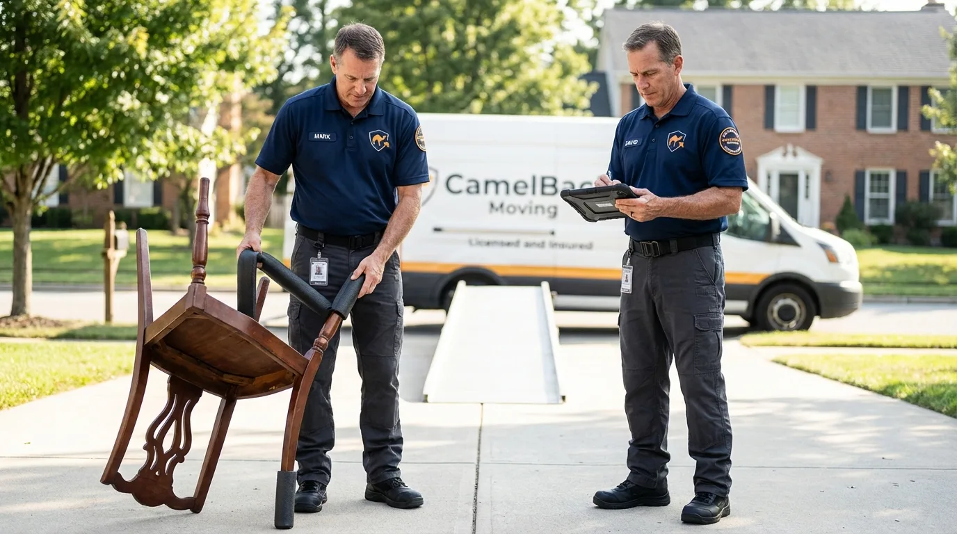 Movers inspecting furniture for damage prevention before loading in Veneta, OR