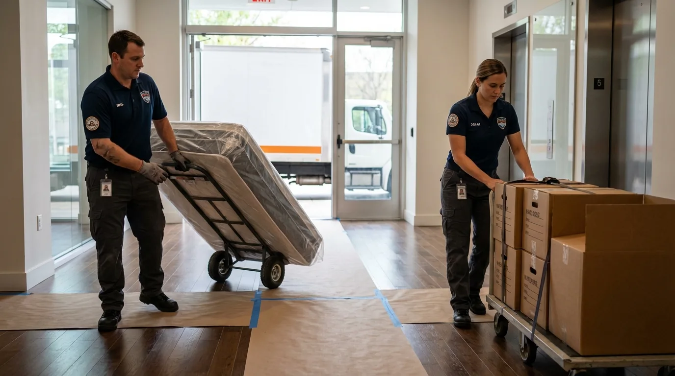 Professional apartment movers loading elevator in Veneta, OR